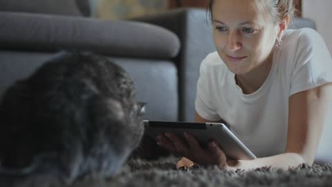 Woman using tablet and teasing her cat