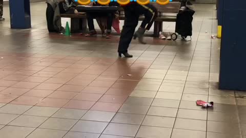 Man dances to "she's a bad mama jama' in heels in a subway station