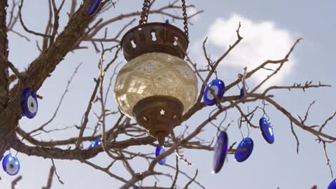 Blue ornaments on a tree