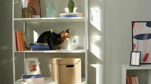 Bengal cat sitting on shelf close-up. Brown kitten resting on ledge near pictures