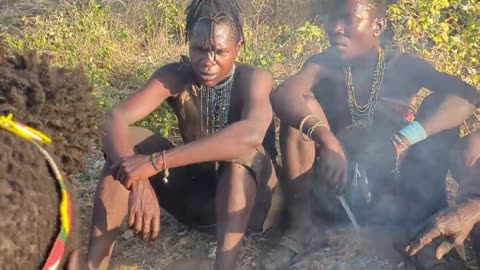 Hadza hunt and cooking meat Lunch.