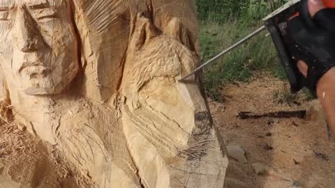 AMAZING CHAINSAW wood carving, Native American with wolves