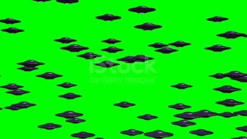 UFO fly-by, huge group of rotating flying saucers, alien spaceships isolated on green screen 5:20