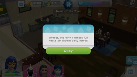 The Sims Mobile - "Party is already full" attention