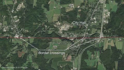 The US-Canada border splits this road down the middle