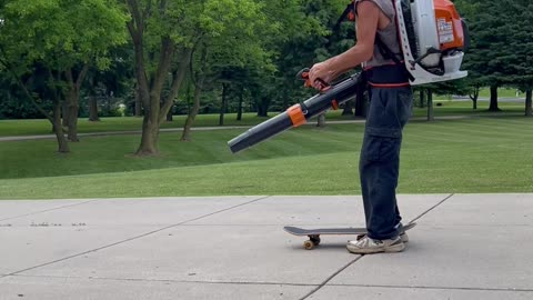 Skateboarding powered by Leaf blower