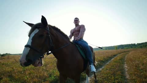 Powerful and strong young man riding a strong horse in the field in summer