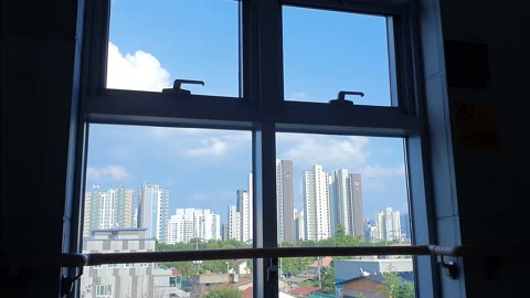 a view of the city in a large window