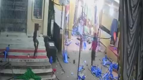 Destruction of Hindu durga puja mandap.