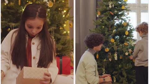 A Young Girl Surprised With Her Christmas Gifts vs A Mother and Son Decorating the Christmas Tree