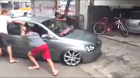 lowered car fastens on the ramp