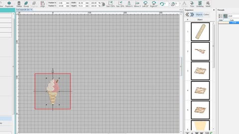 Playing around with elements to make new ice cream cone embroidery designs in Wilcom Hatch