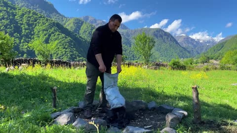 Huge One-And-a-Half-Meter Silver Carp Fried On A Fire To A Crisp