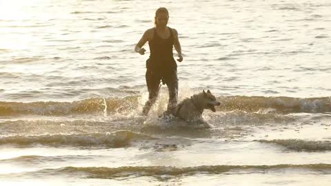 woman with siberian husky dog playing on beach