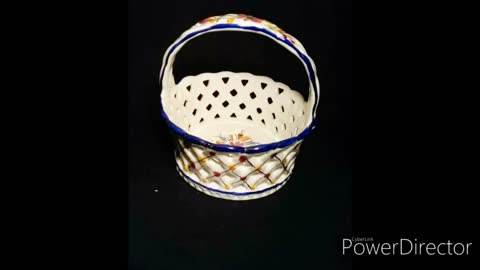 Handpainted Portugal Reel Signed Ceramic Lattice Basket