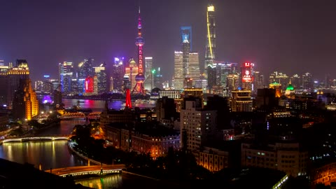 Illuminated buildings in Shanghai city scape