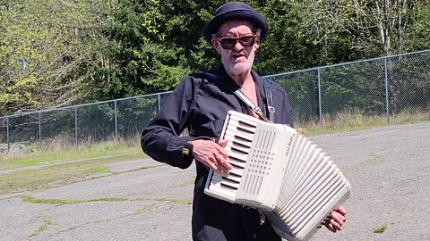 Beautiful Red Flowers and Man Playing Accordion