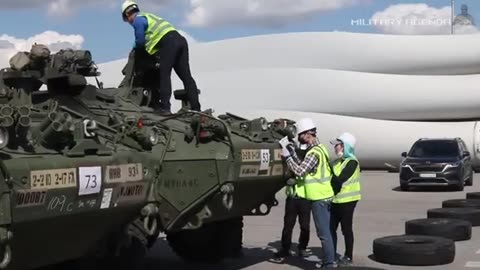 Footage of the arrival of 90 American Stryker wheeled armored personnel carriers in Germany.