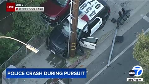 Officer crashes into light pole in South LA during chase involving stolen vehicle