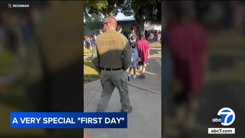 Daughter of LASD medic is escorted to school by his fellow deputies after he died of cancer