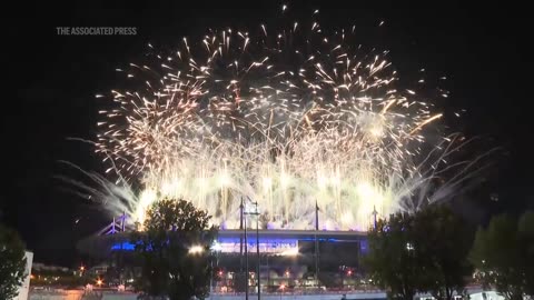 Fireworks mark the end of the closing ceremony of the Paris Olympics