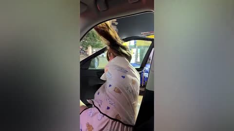 Woman struggles to close car door because of high winds