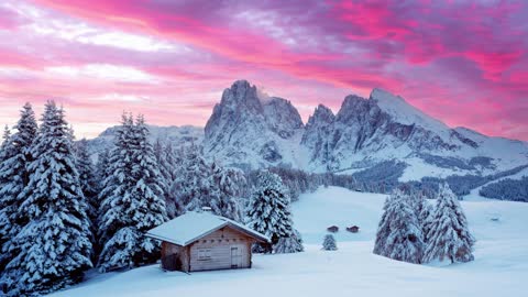 Snowy Mountains With Wooden Hut Sky Background (No Copyright)