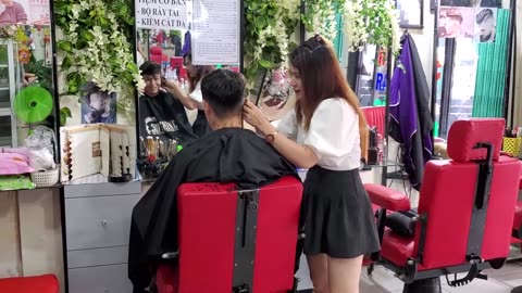 Cut hair and relax with beautiful girl at Vietnam barber shop