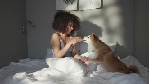 BEAUTIFUL GIRL PLAYING WITH HER DOG