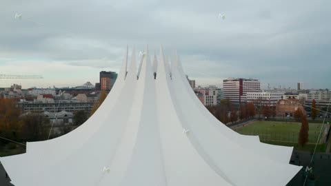 Scenic View of an Abstract Building Architecture in middle of German City, Futuristic Sculpture in