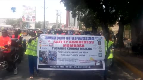 Boda boda and tuktuk operators in Mombasa hold a road safety awareness procession