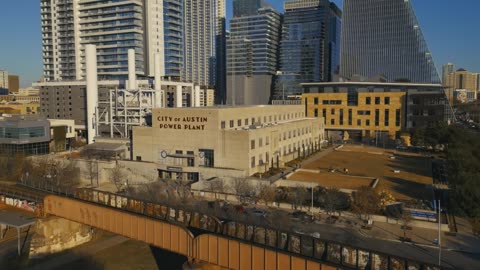 Austin texas power plant in an aerial view