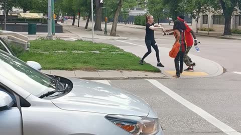 Girl Uses Hockey Stick to Strike Protesters