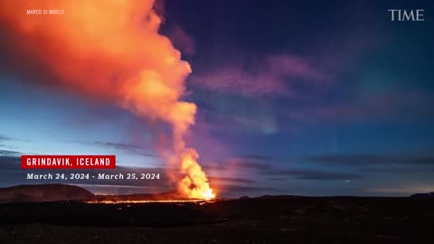 Des aurores boréales brillent sur un volcan en éruption en Islande