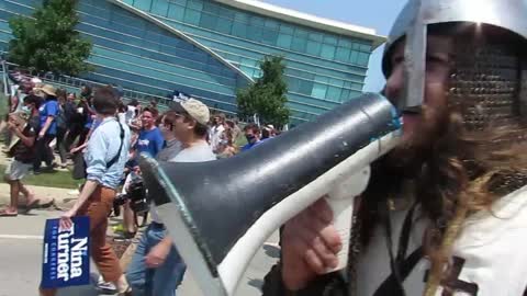 Crusader Bullhorns Bernie Sanders in Cleveland, Ohio During March for Nina Turner