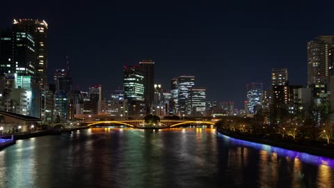 River, bridge and skyscrapers in Osaka