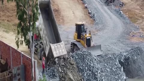 Nice Incredible Build New Road On Water Bulldozer Push Big Stone ,Truck SHACMAN Unloading