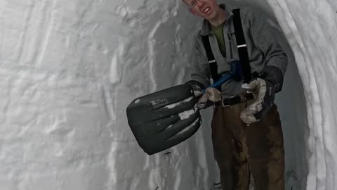 Dugout Shelter Under 10ft (3m) of Snow - Solo Camping in Survival Shelter During Snow Storm