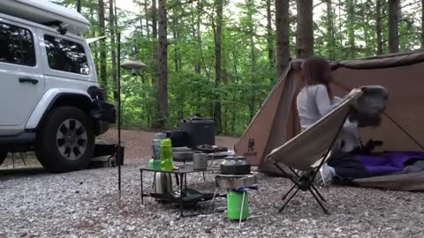 BEAUTIFUL GIRL solo tent camping in the forest!..Relaxing ASMR😊