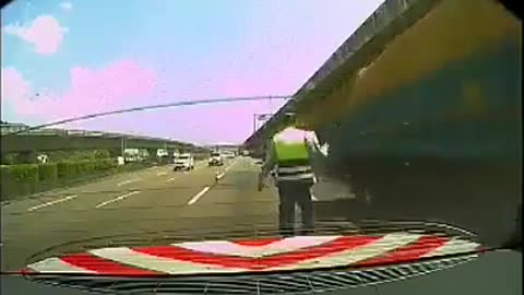 A lucky police man survives an accident