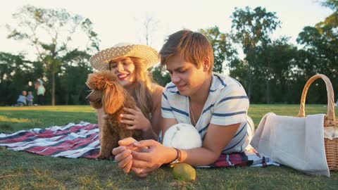 Happy young couple on picnic resting playing with dog and rabbit