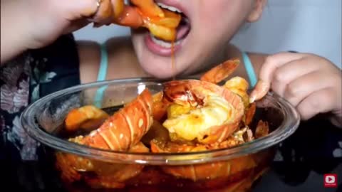 ASMR eating deshelled seafood boil lobster giant shrimp