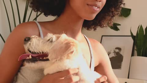 Beautiful Girl with her Dog in lap Kissing him