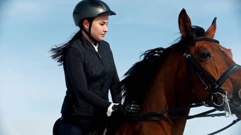 Horse riding - a woman rider sitting on a bay horse with a black mane and stroking her