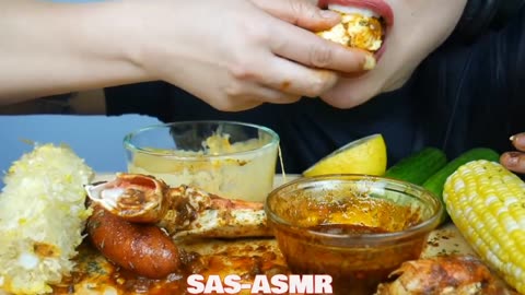 SAS-ASMR spicy SEAFOOD boil eggs, corn, enoki mushrooms eating 🍤🦞_ asmr mukbang seafood compilation