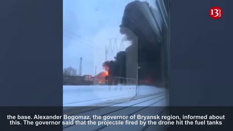 Footage of strong fire that broke out at an oil base after Ukrainian drone attack