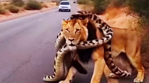 Witness the python struggle against the lion, then finally give up