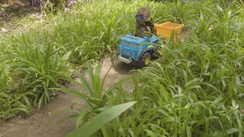 Funny baby monkey goes to the toilet and plays with cute koi fish, ducklings, and cats