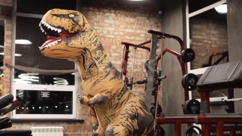 Dinosaur doll with person inside in the gym, trains, does biceps exercise.