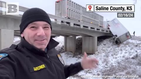 Icy Kansas Crash! Semi-Trailer Hangs Off Frozen Highway Bridge